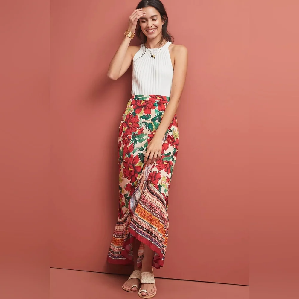 FARM RIO Anthropologie Wrapped Floral Skirt Bohemian Maxi Skirt - Red/Cream‎ XS